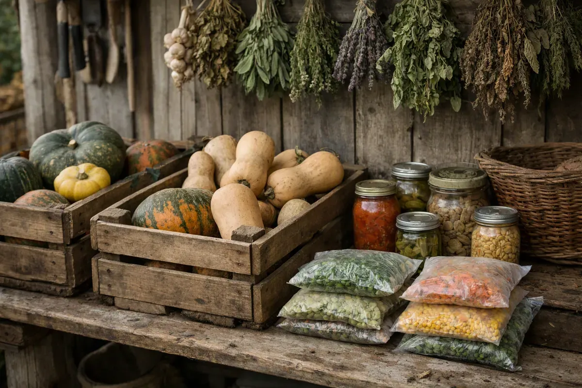 Récoltes du jardin triées entre bocaux, courges et herbes à sécher
