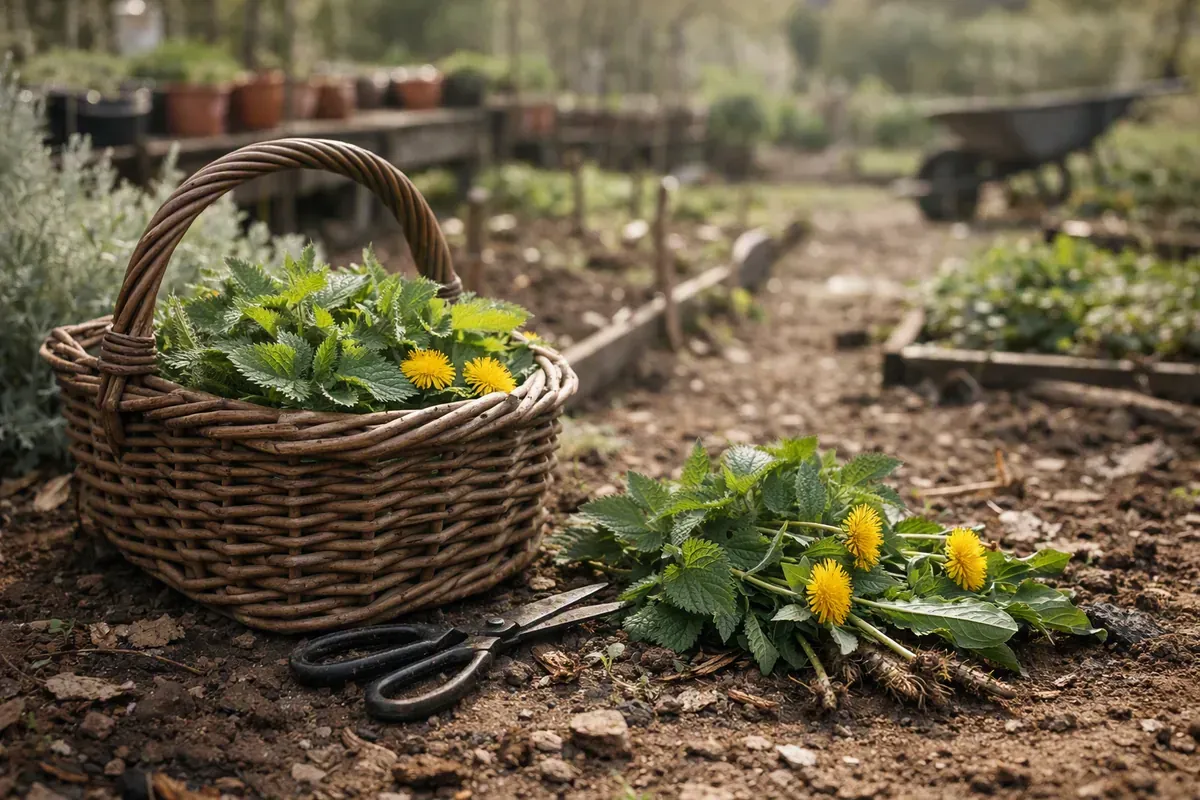 Panier de cueillette avec orties et pissenlits au jardin