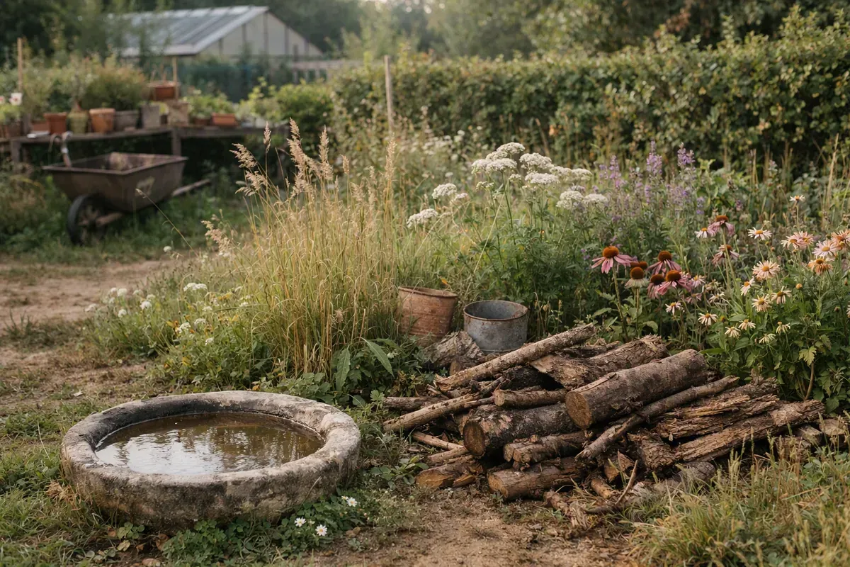 Zone naturelle avec point d’eau et haie variée au jardin