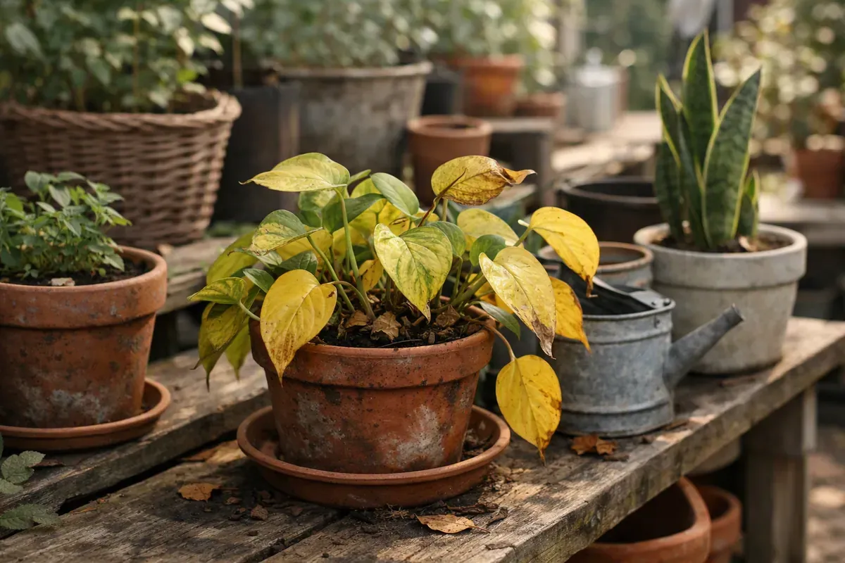 Feuilles jaunissantes sur plusieurs plantes en pot à la pépinière