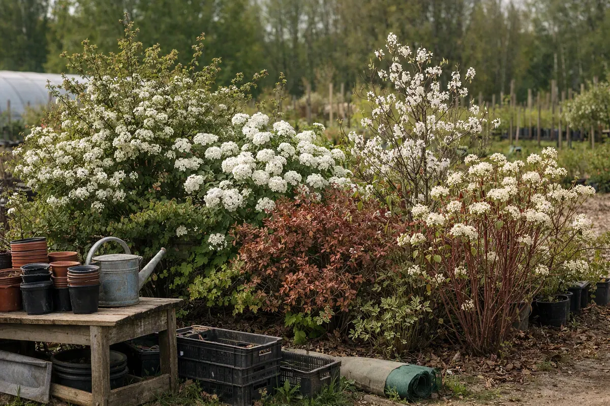 Haie vive variée en pépinière avec arbustes en floraison printanière