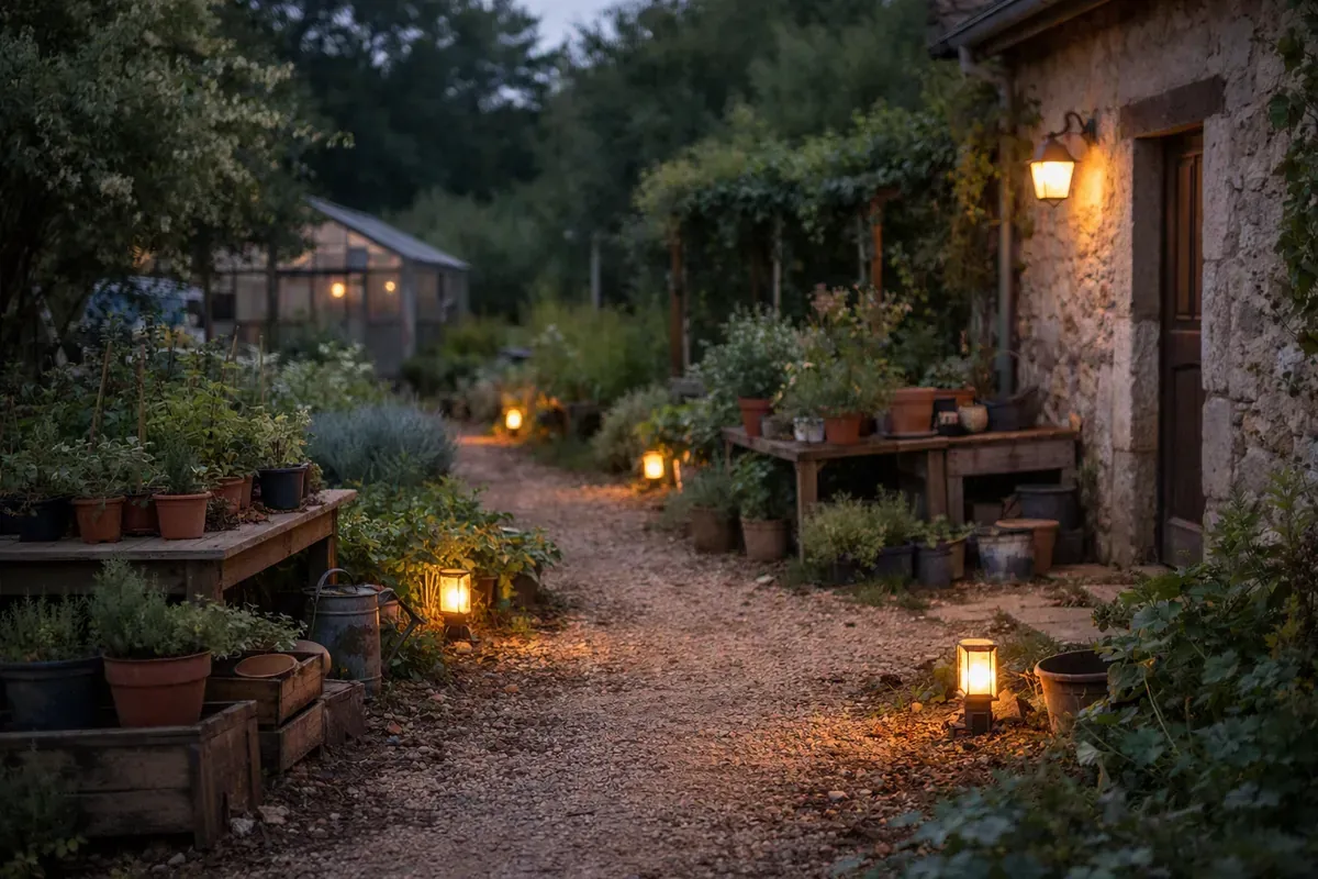 Allée de jardin française balisée par quelques lumières chaudes discrètes