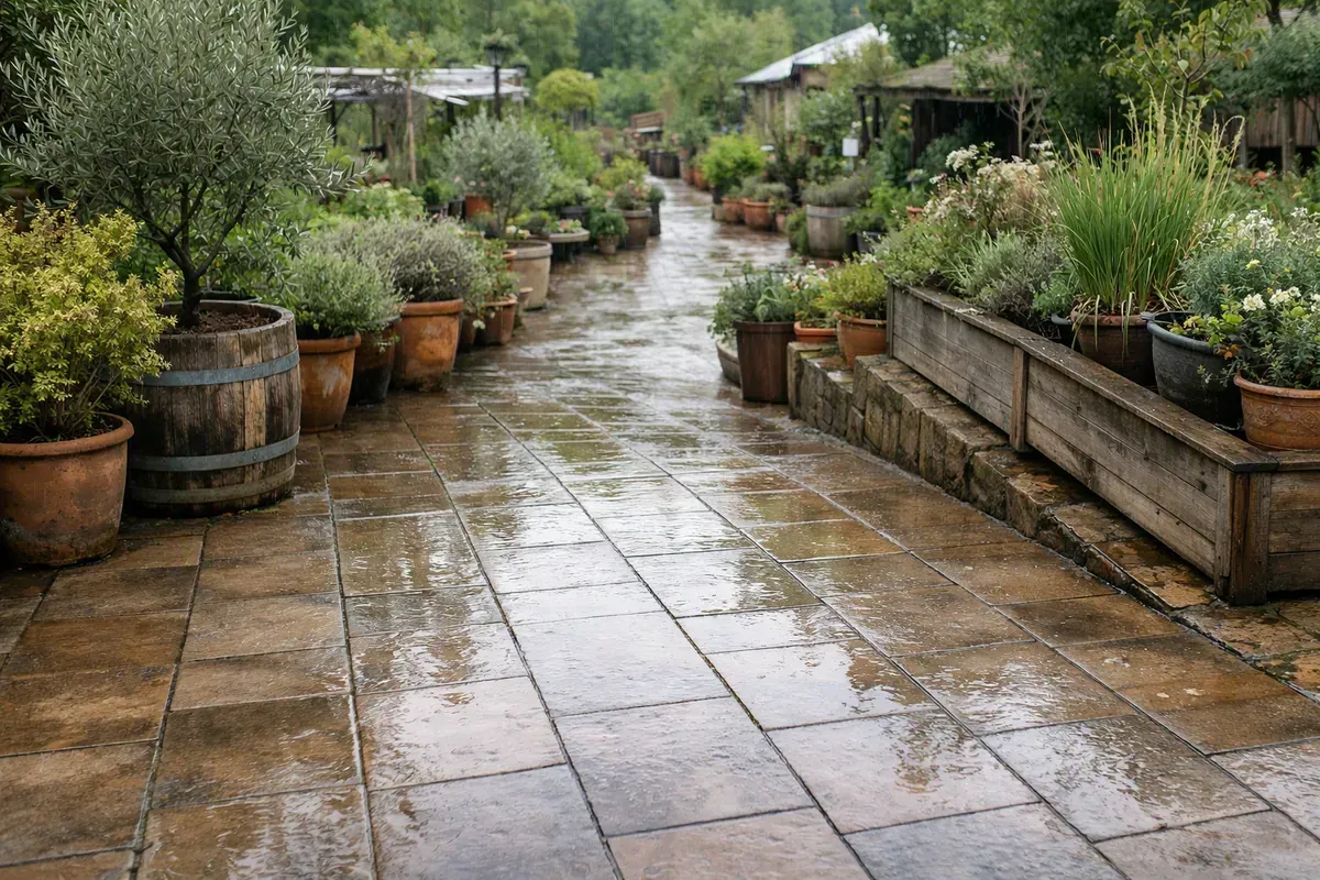 Terrasse carrelée extérieure en pépinière après la pluie