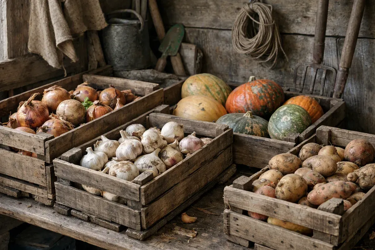Cagettes de courges, oignons et pommes de terre en local de stockage