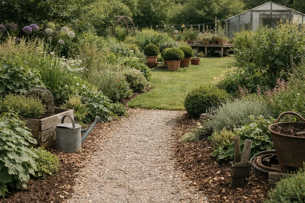 Jardin d’agrément français structuré avec allée, massifs et paillage