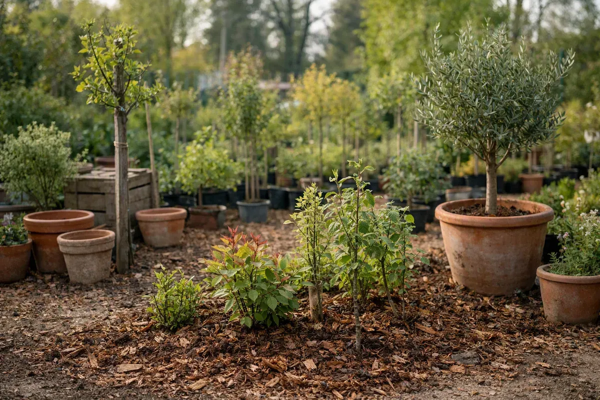 Jeunes arbres et arbustes plantés et paillés dans une pépinière française