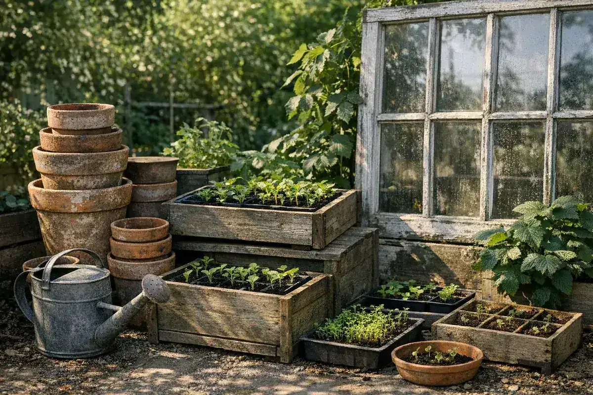 Pots en terre cuite, jardinière en bois et vieux châssis vitré rassemblés pour être nettoyés avant réemploi au jardin.