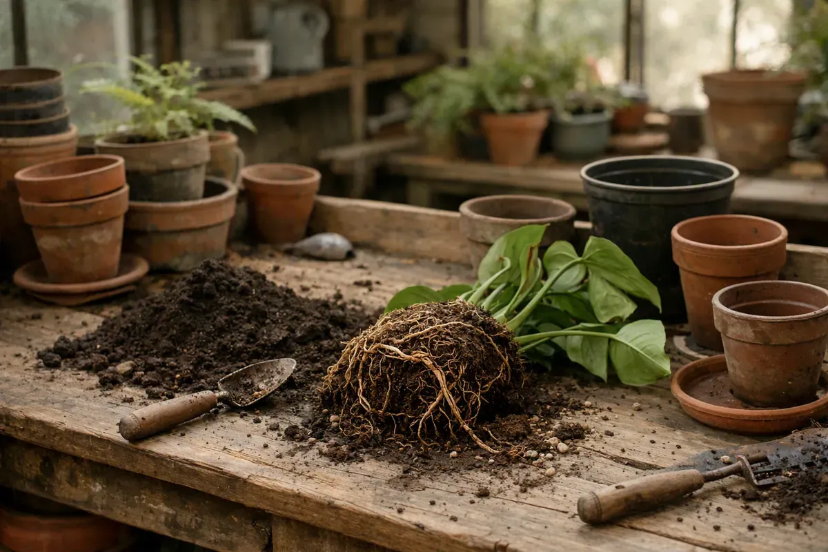 Rempotage de plantes d’intérieur sur une table de pépinière