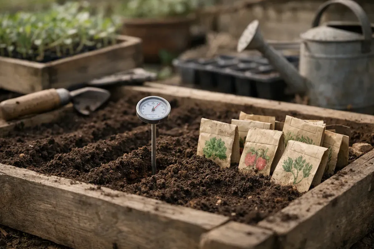 Planche de semis avec thermomètre de sol dans un potager français
