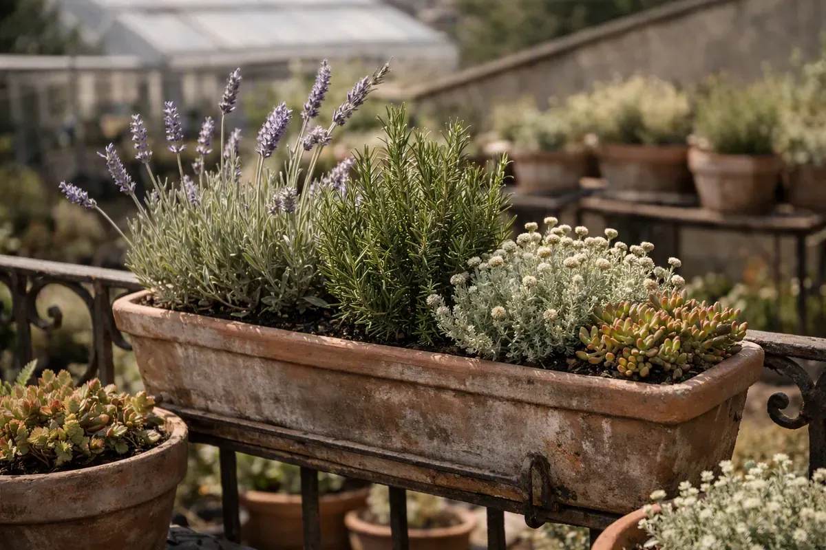 Jardinières en plein soleil avec lavande, romarin et sedums