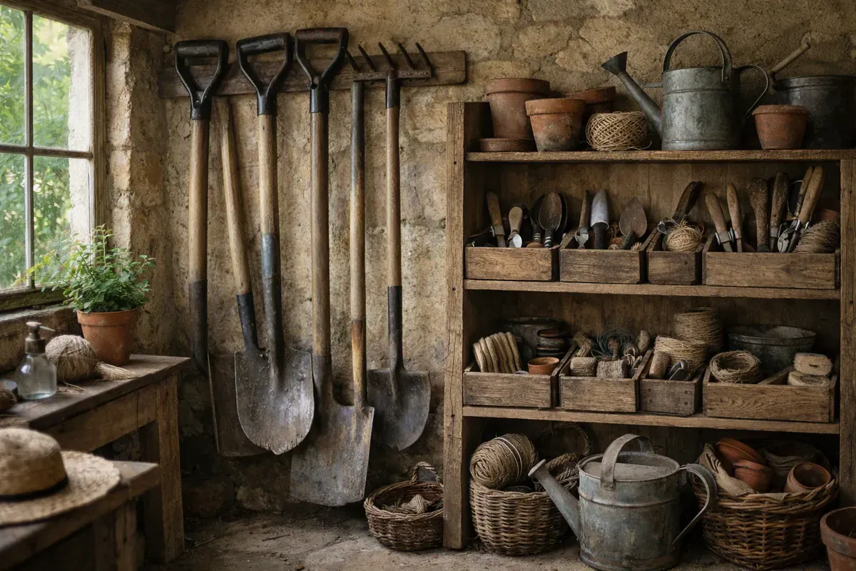 Coin d’abri de jardin avec outils suspendus et bacs bien rangés