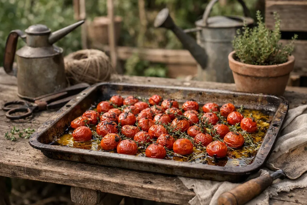 Plaque de tomates cerises rôties au four avec thym et huile