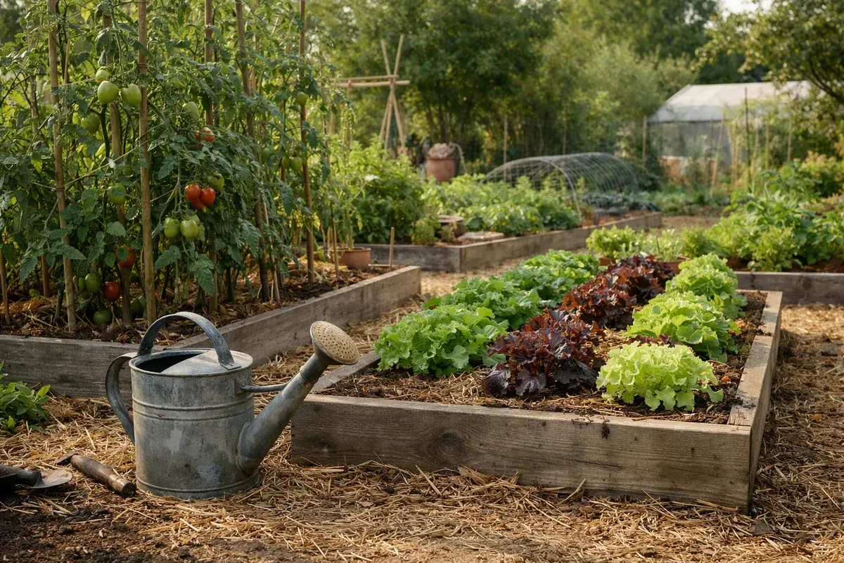 Planches de potager paillées avec tomates et salades en jardin français