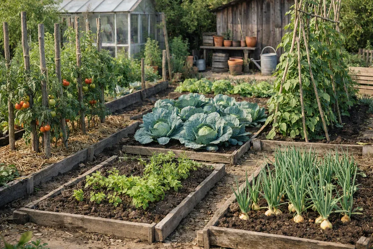 Quatre planches de potager montrant une rotation de légumes