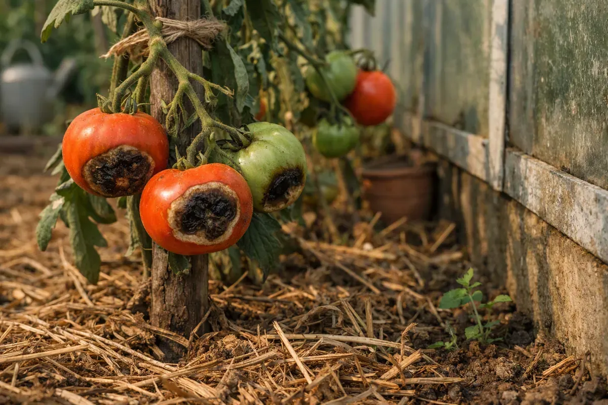 Tomates avec cul noir sur pied paillé au potager